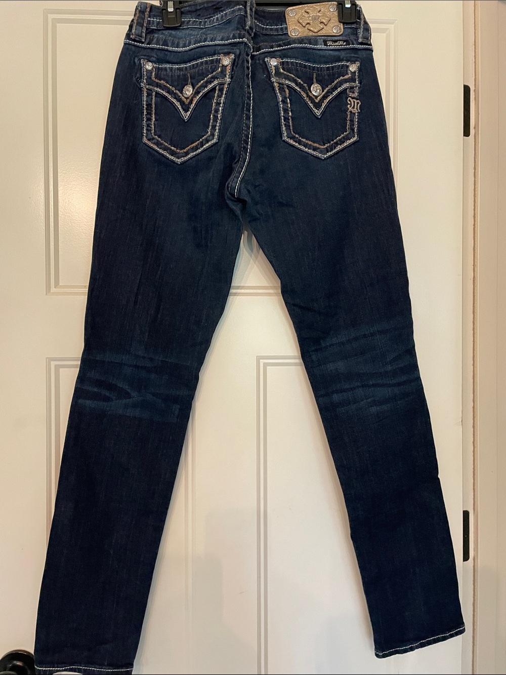 Miss Me Dark Blue Slim Straight Jeans with Embroidered Pockets
